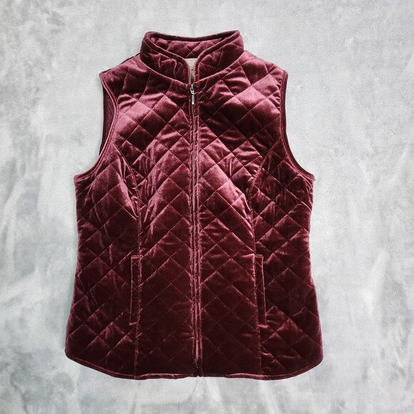 Chicos Velour Vest Small Burgundy Quilted Layer Mock Neck Zip Cottage Cozy Warm - Picture 1 of 9